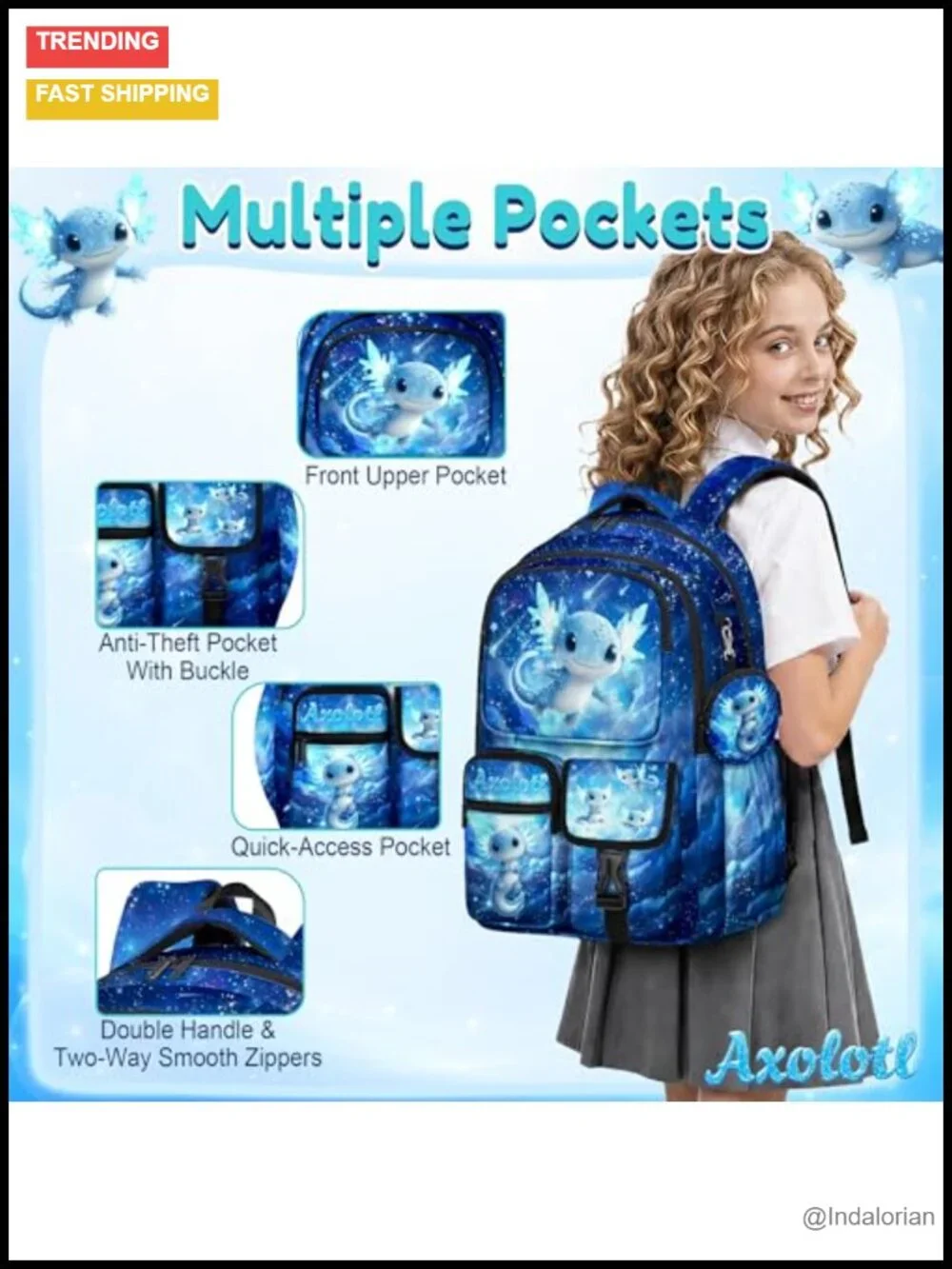 4-in-1 Axolotl Backpack Set with Lunch Box Pencil Case Coin Purse for School